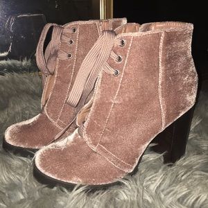 NWOT Blush Pink Velvet Lace-up Booties